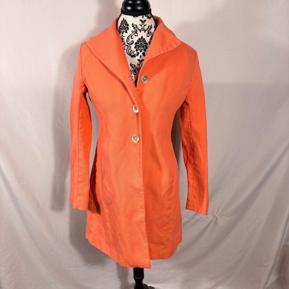 Ann Taylor Womens S Orange Cotton Trench Coat Mod A-Line Button Front Lined